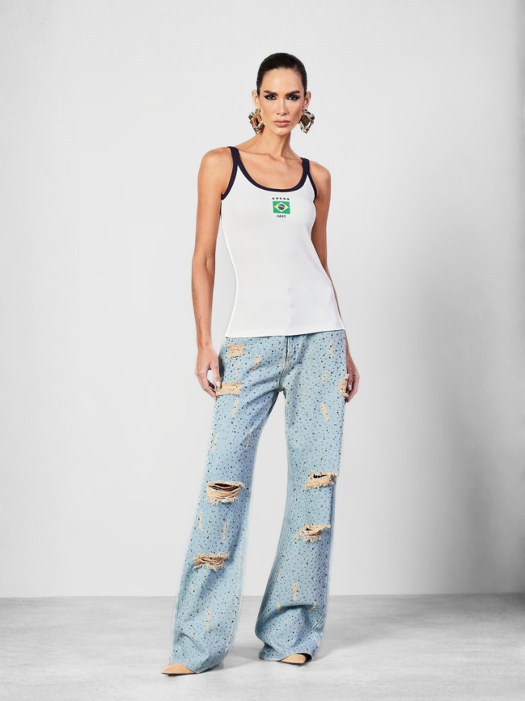 Calça Jeans Reta com Termocolante